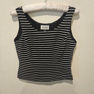Women's Kasper Vintage Crop Top Size 2P Black White Striped Sleeveless, Side Zip